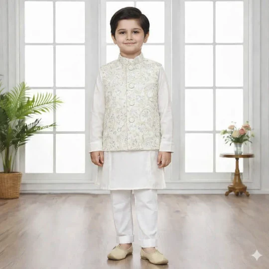 Boys white kurta pajama with jacket festive wear